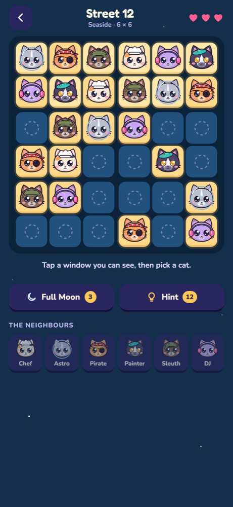 A Meownlight street half lit, with cats in the lit windows